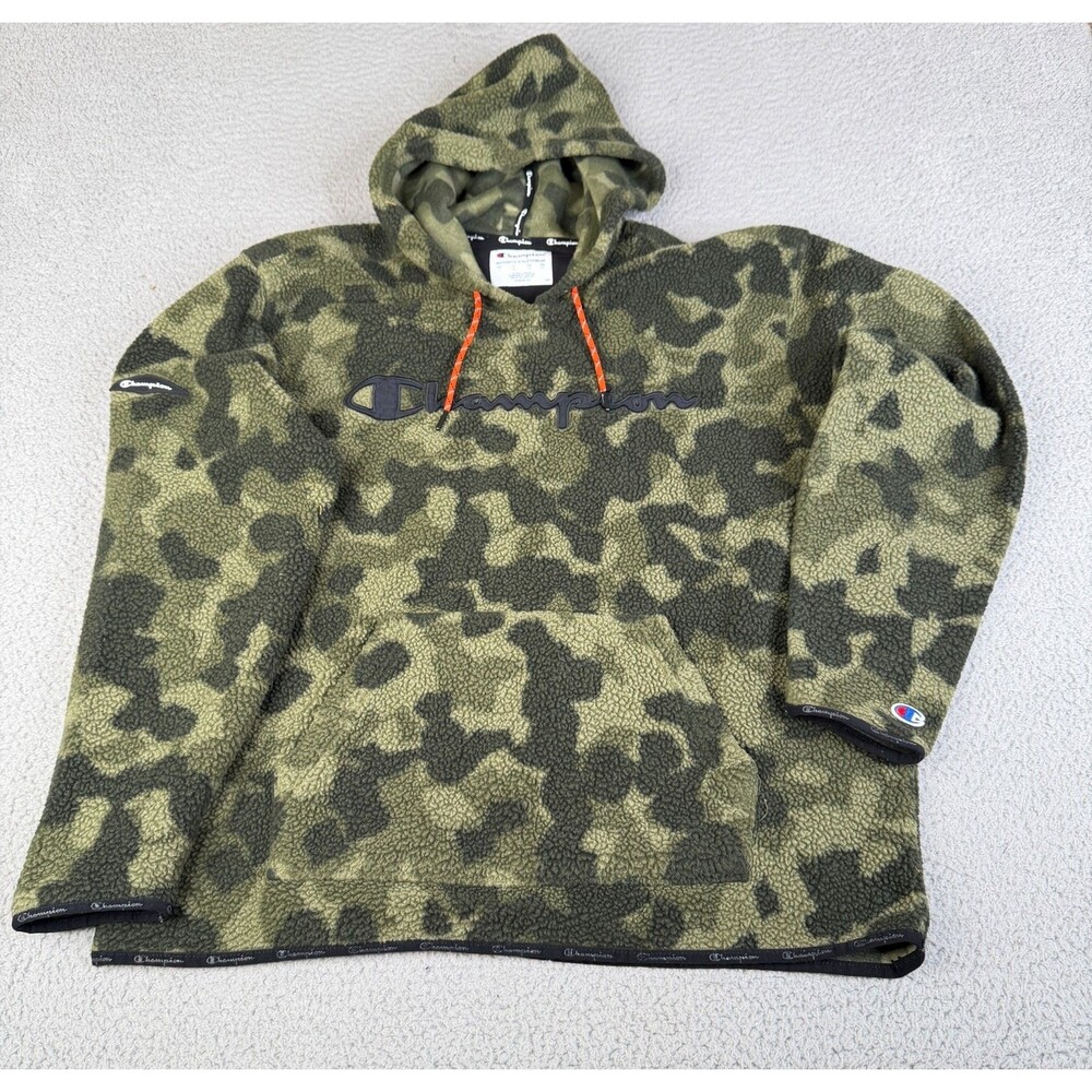 CHAMPION Camouflage Fleece Hoodie Mens L Green Sherpa Pullover Sweater